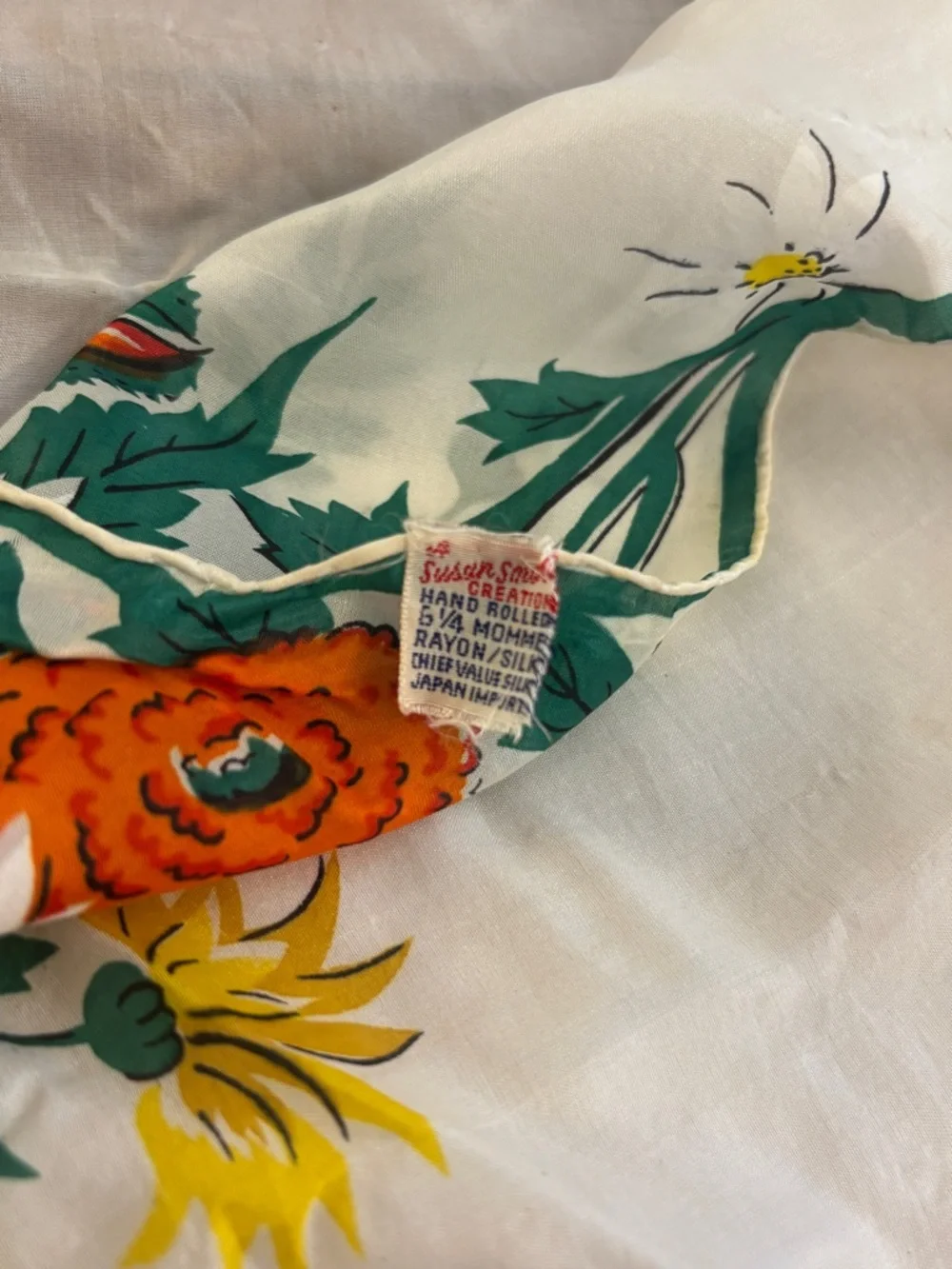 Vintage Susan Smith Creations Silk Rayon Chiffon Scarf Floral Border Hand Rolled